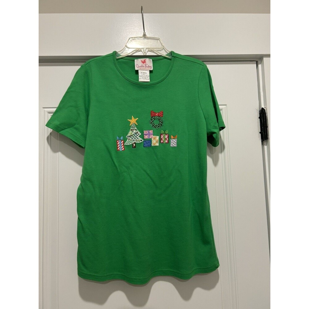 Quacker Factory Vintage Green Christmas T-shirt Women’s size XS Holiday Sequins